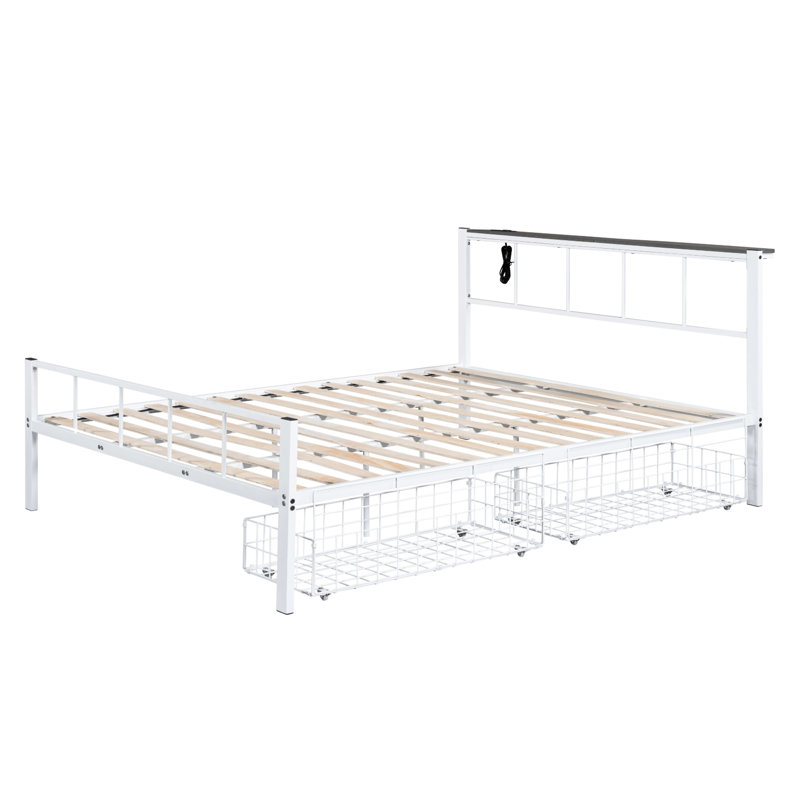 Plan de lit contemporain en métal de taille grand avec couleur blanche, rangement sous le lit, prise sur la tête de lit, lit pour matelas, blanc