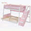 Lit superposé simple au-dessus de double avec escalier à rayures et tablettes latérales, rose, peu encombrant et élégant-133491193-133491195