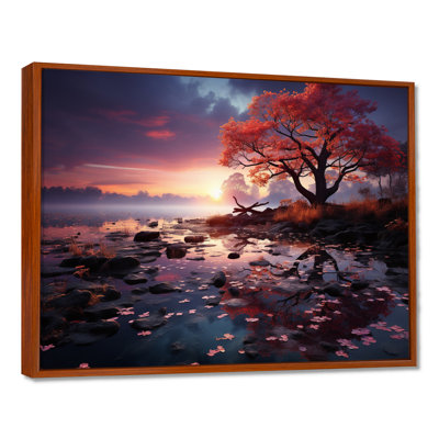Arbre rouge, soirée enchantée au-dessus du lac - impression d'art mural lac