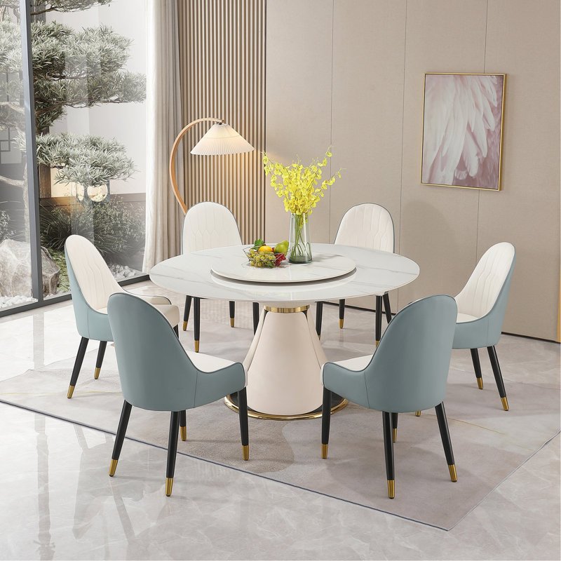 Table de salle à manger moderne en pierre frittée de 59,05 po avec table ronde ronde de 31,5 po et chaises de 6 pièces.