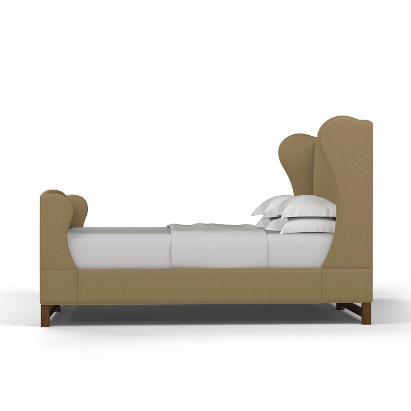 Herbert Upholstered Wingback Bed, Box Weave Linen Marzipan, Dark Brown, Twin