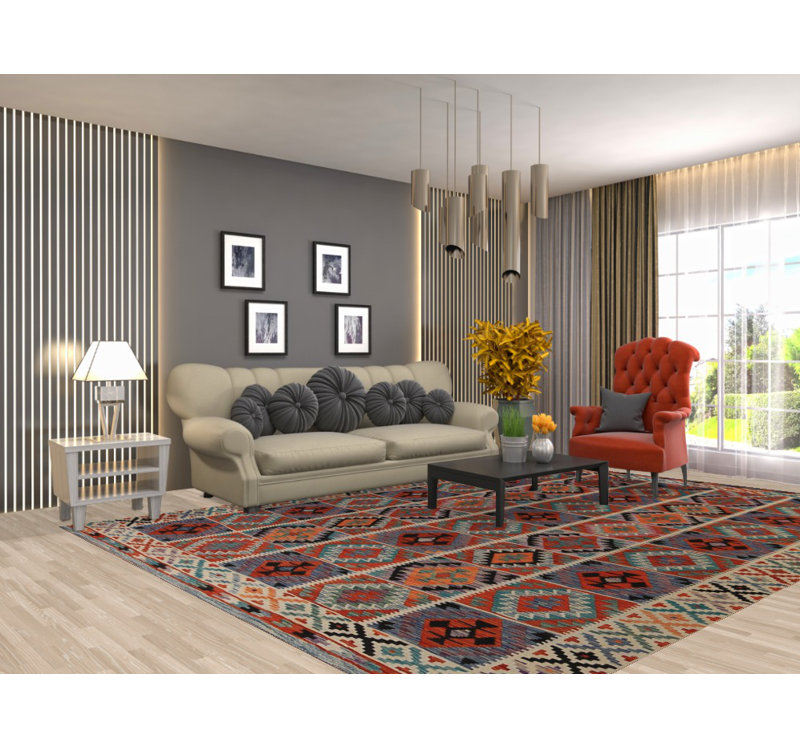 Tapis oriental géométrique en laine Kilim 8 x 12