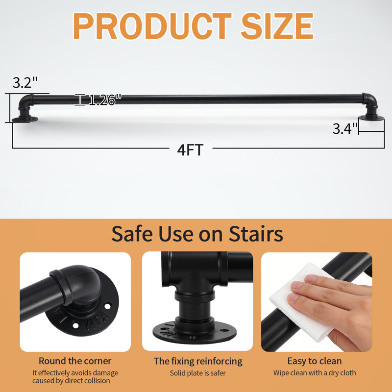4' Black Iron Wall Handrail, 3.12" H x 48.75" W x 3.315" D