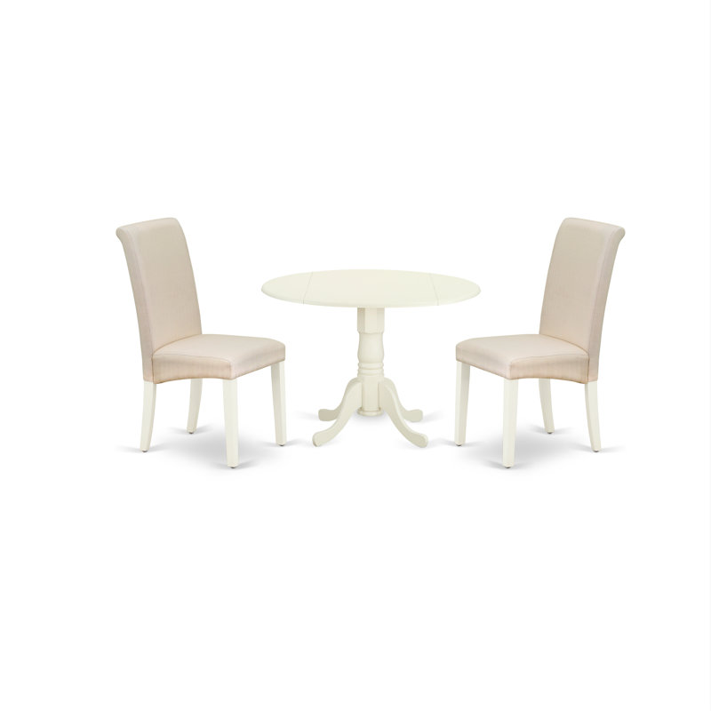 L'ensemble de 3 pièces de table de salle à manger moderne comprend une table ronde en bois avec Dropleaf et 2 chaises Parson rembourrées en tissu crème, 42 x 42 pouces, blanc lin