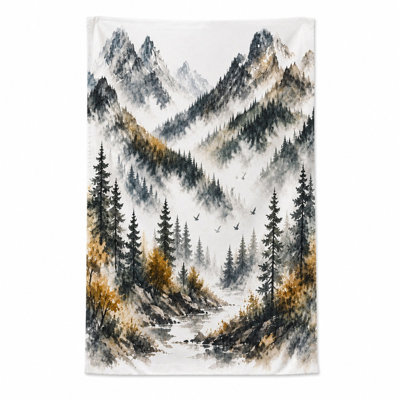 1Pcs Misty Mountain Forest River Landscape Beach Towel, Featuring Majestic Peaks, Lush Pine Trees, and Birds in Flight, Large Microfiber, Perfect for, Travel, Outdoor Activities, Unisex.