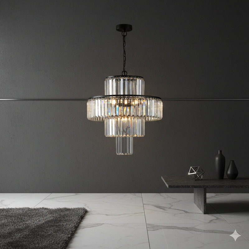 Un lustre en cristal moderne de 20 pouces avec une finition noire, présentant un design à quatre niveaux pour les salles à manger ou les salons. Ce luminaire suspendu en cristal élégant n'inclut pas d'ampoule.