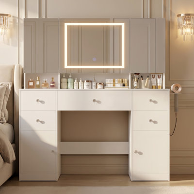 47"W LED Lighted Vanity Desk with Storage Drawers & Power Outlet