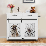 40'W Dog Crate Furniture, End Table, Nightstand with Divider, Wheels, 2 Drawers