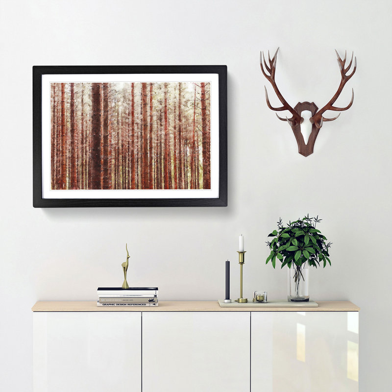 Red Forest In The Autumn - Single Picture Frame Painting on MDF, 24cm H x 33cm W x 2cm D, Black