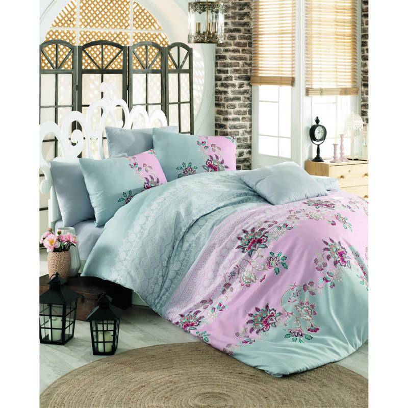 Ensemble de housse de courtepointe Luxury Ranforce pour lit simple, 100% coton, 60,6 po x 78,7 po | Comprend 1 taie d'oreiller de 31,5 po x 31,5 po | Lavable à la machine, 140 fils, fermeture à boutons et enveloppes, gris doux, rose et bleu