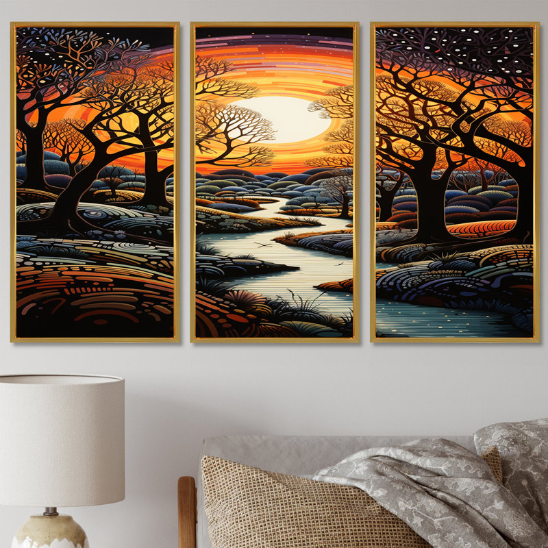 «Enchanted Forest Blue Stream Sunset - River», ensemble d'art mural, Cadre flottant doré, H 28 po x l 36 po x P 1 po