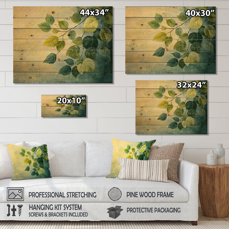 Feuillage vert vert et jaune, collage de feuilles IV - Art mural en bois de feuilles - sur bois de pin naturel