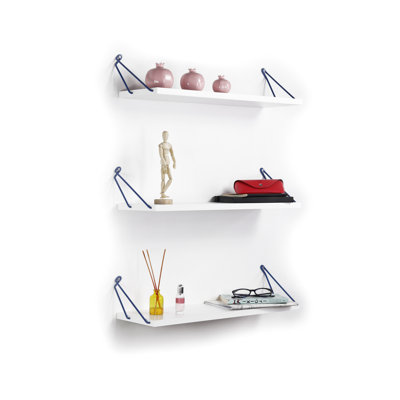 Bibliothèque murale rustique - triple tablette bleu-blanc avec support de rangement en métal pour livres