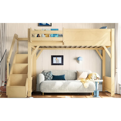 Lit mezzanine simple en bois massif avec garde-robe intégrée, espace de rangement, tablettes de chevet, garde-corps pleine longueur et escalier facile à utiliser pour la chambre à coucher sous le lit, coffre-fort