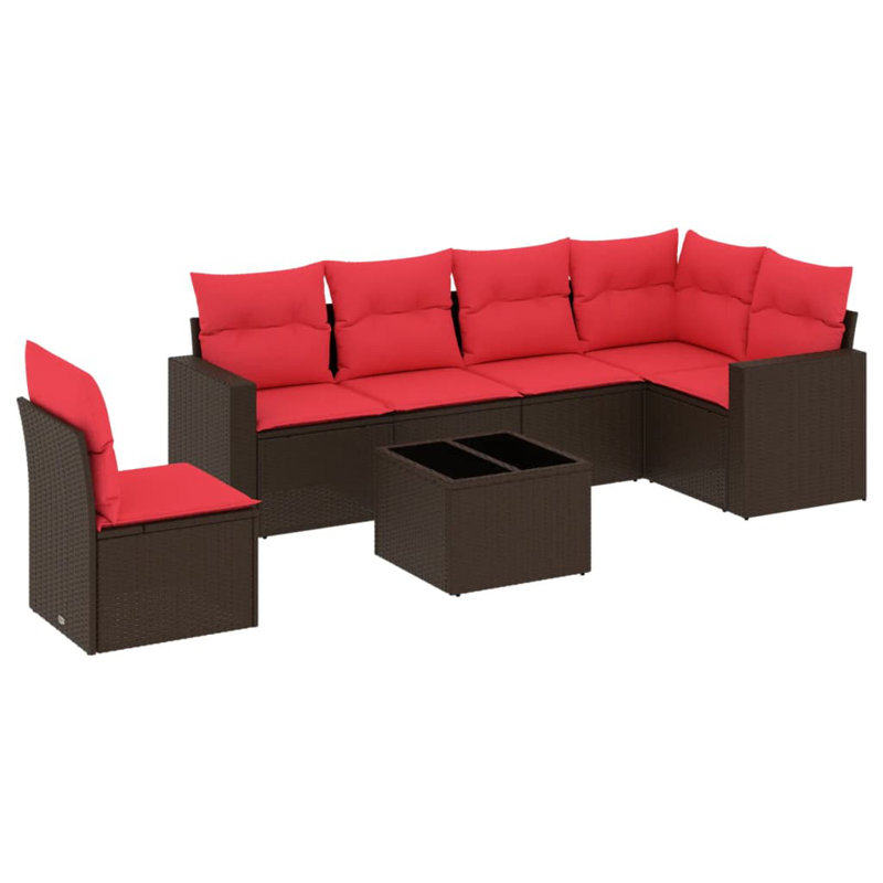 Ensemble de canapé de patio 7 pièces avec coussins en rotin de polyester, Rouge, Brun