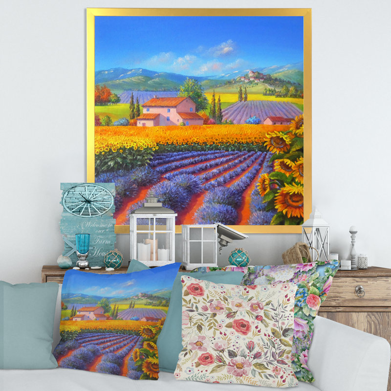 " Lavender And Sunflower Fields " Painting Print, Gold Framed, 36" H x 36" W x 1.5" D