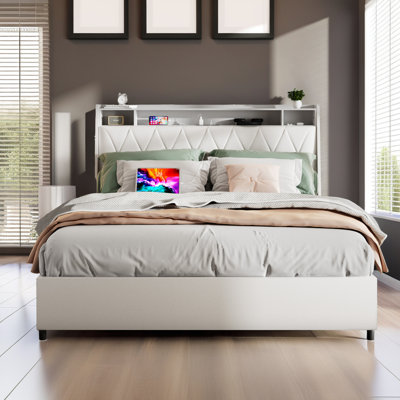 Base de lit plateforme avec tête de lit, ports de charge, tablette de rangement