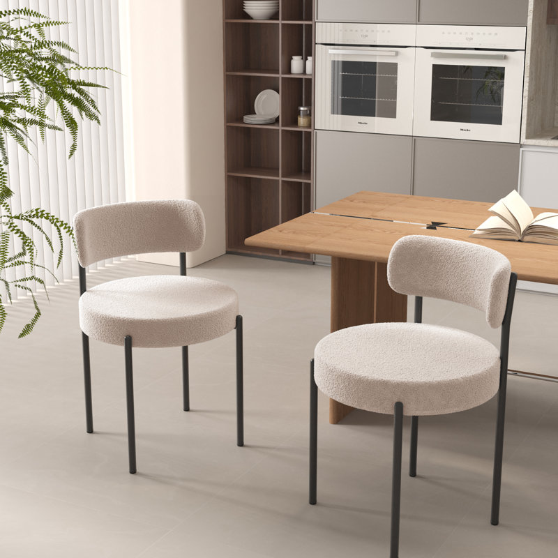 Boucle Upholstered Dining Chair Set With Wide Cushion and Curve Backrest for Dining Room, Kitchen, Living Room, Beige