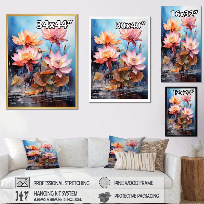 Lotus expressionniste vitalité - impression, Cadre simple blanc, H 32 po x l 24 po x P 1 po