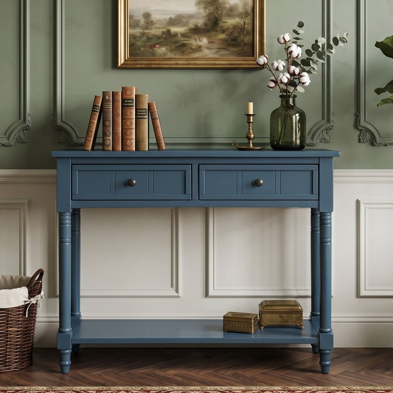 Console Traditional avec tiroirs et tablette inférieure, Bleu marine foncé