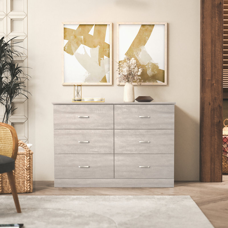 Allyannah 47" W 6-Drawer Manufactured Wood Double Dresser with Interlocking Drawers, Dusty Gray Oak