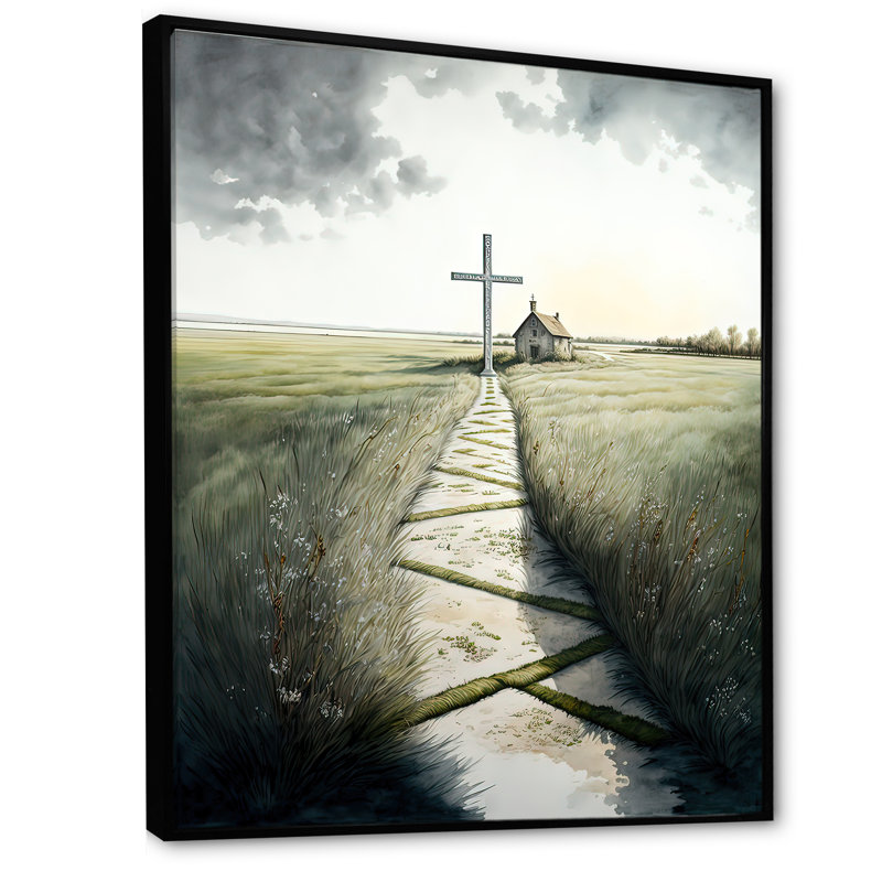 Arnecia " Cross Status On Winding Path I ", 20" H x 12" W x 1" D, Black Floater Framed Canvas