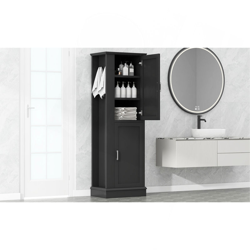 Grande armoire de rangement pour salle de bain, armoire de rangement autoportante avec crochet et tablette réglable, panneau de fibres à densité moyenne