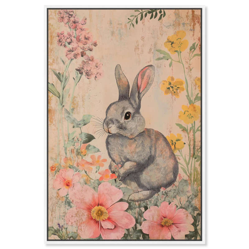 Art floral sur un lapin floral , H 16 po x l 11 po, Cadre flottant blanc