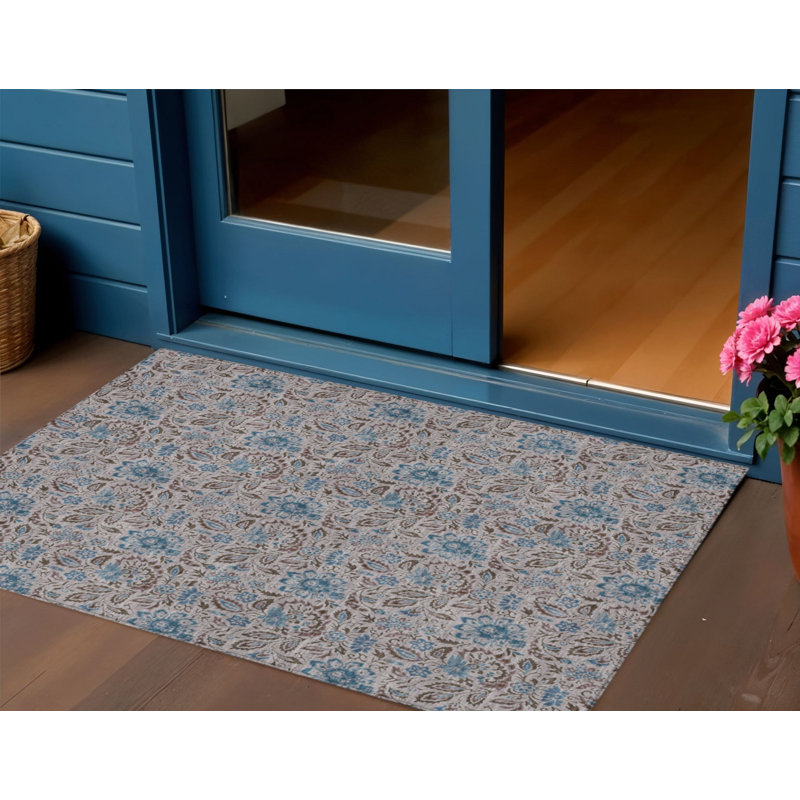 3' X 5' Brown And Blue Floral Washable Indoor Outdoor Area Rug