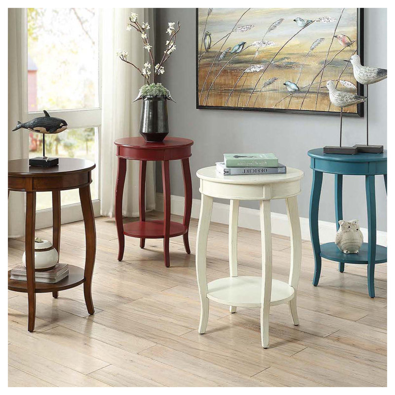 Table d'appoint ronde en bois rouge avec tablette inférieure - Table d'appoint contemporaine pour salon