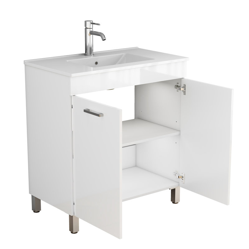 Meuble-lavabo de salle de bain 32 po avec lavabo, portes doubles et poignée en métal, blanc brillant pour une fermeture en douceur des charnières, poignée pratique