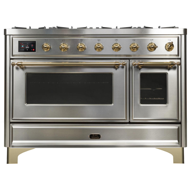 ILVE Majestic II Series 48 inch Dual Fuel Range with 8 Sealed Burners, Griddle (Glass Door), Stainless Steel/Brass