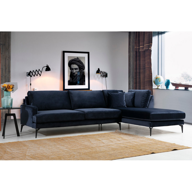 Élégant canapé d'angle, tissu bleu marine, 111,4 x 70,9 x 34,6 pouces | Structure durable en bois de hêtre et en carton, 100% polyester, nettoyage à sec, mousse grise douce et coussins en silicone | Design industriel moderne avec pieds en métal noir mat