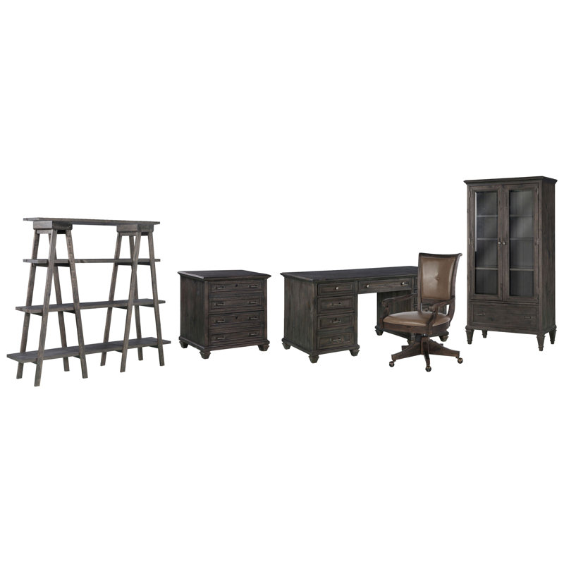 Executive Desk With Chair Lateral File Bookshelf And Door Bookcase, Weathered Charcoal