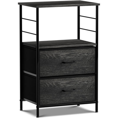 Table de chevet à 2 tiroirs et tablettes Sorbus avec structure en acier, plateau en bois et bacs en tissu rustique - noir