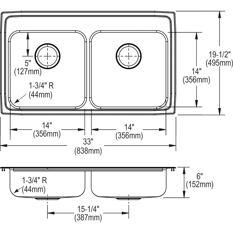 Évier de cuisine à double cuve à montage sur plan L 33 po x l 19,5 po Lustertone