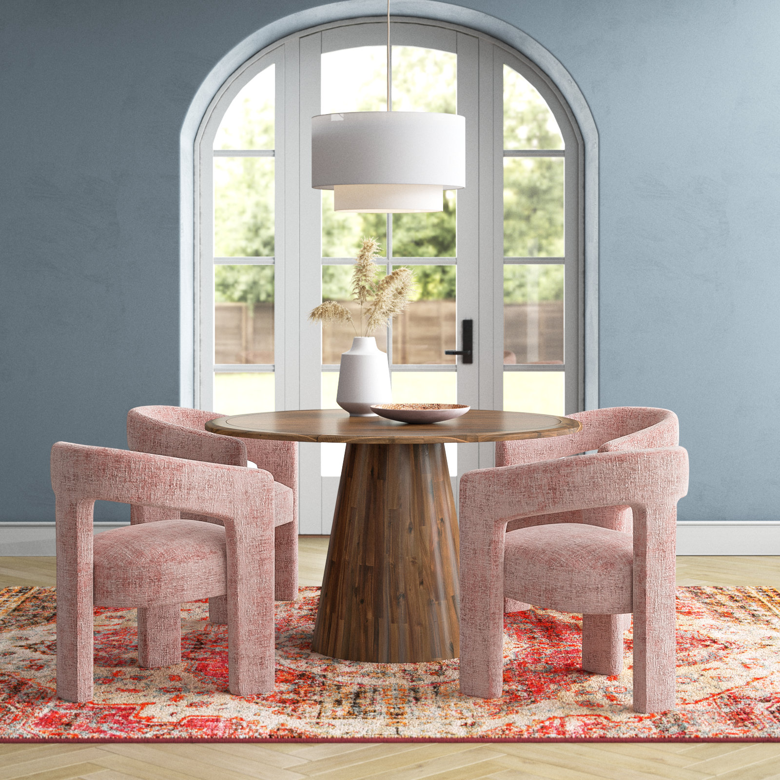 Darlington Dining Table Set, Walnut, Gwen Pink Microsuede