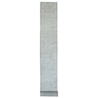 Tapis gris moyen 2 pi 3 po x 29 pi 4 po Peshawar avec motif Heriz, laine de haute montagne, noué à la main, colorants végétaux, tissage dense, tapis XL