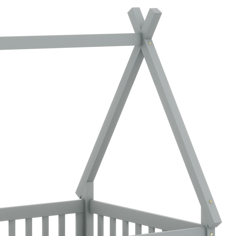 Children Tent-Shaped Floor Bed With Protective Guardrails, Gris, Lit simple