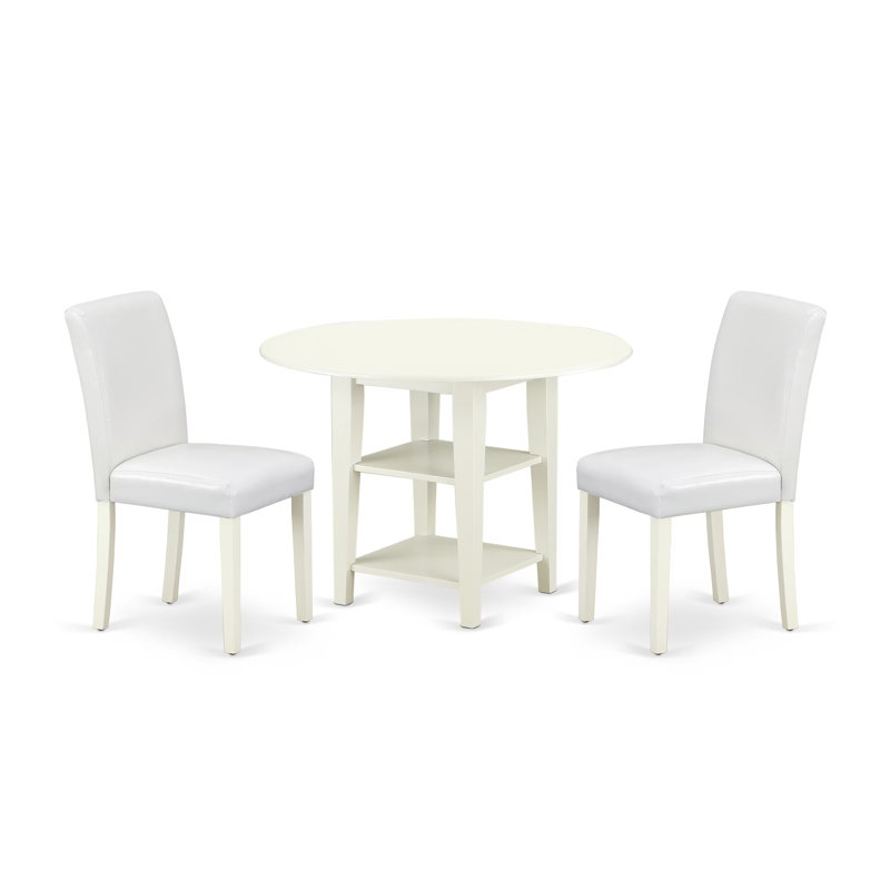 L'ensemble de 3 pièces de table de salle à manger moderne comprend une table ronde en bois avec Dropleaf et des tablettes et 2 chaises de salle à manger Parson en similicuir blanc, 42 x 42 pouces, lin blanc