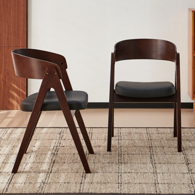 Chaises de salle à manger en similicuir avec structure en bois d'hévéa massif, ensemble de 2, siège noir, structure de couleur noyer