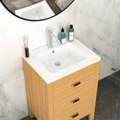 Lavabo de meuble-lavabo simple blanc, 23,83 po x 18,15 po, 1 trou de robinet, trop-plein, teinté, céramique, lisse et poli, faible absorption d'eau, grande surface de rangement rectangulaire pour salle de bain non poreuse