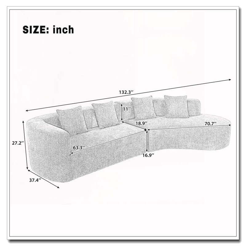 Boneless 132" Modern Sectional Sofa With Curved Design, 2-Piece Chenille Modular Couch With 4 Pillows, Plush Sponge & Spring Cushion