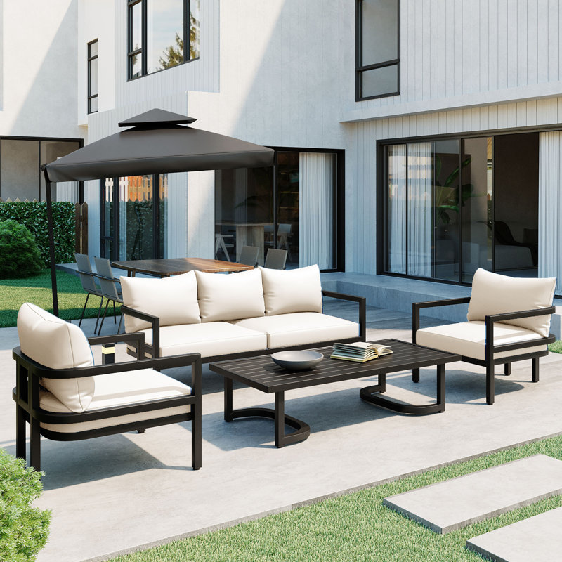 Ensemble de canapé d'extérieur multi-personnes en acier avec table basse, Beige