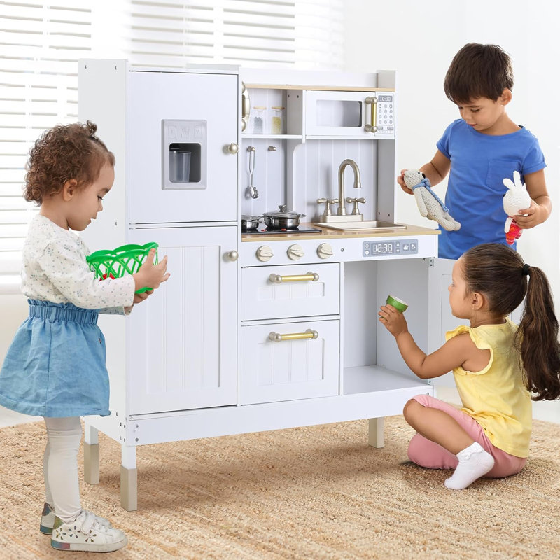 Height Adjustable Kids Play Kitchen, 3-Level Wooden Pretend Playset with Realistic Sounds, Telephone, Stove, Fridge, Microwave, Removable Sink, Water Dispenser, Grows with Your Child Ages 3+(white)