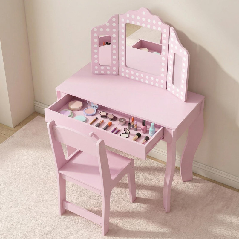 Kids Dressing Table With Stool & Tri-folding Mirror, 2-piece Vanity Set With Drawer For Bedroom & Playroom, Pretend Play Makeup Station For Little Girls, Gift For 3-12 Year Old, Pink
