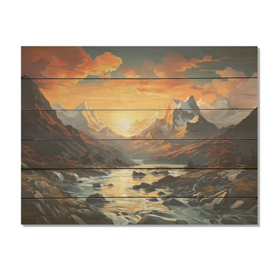 Mountain Sunset Serenity - Mountains Wood Art On Natural Pine Wood