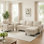 Canapé modulaire convertible 3 pièces avec repose-pieds avec rangement et fauteuil simple avec poches, beige