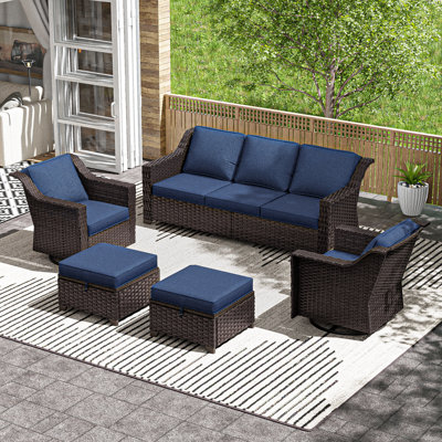 5-Pieces Outdoor Patio Conversation Rattan Seating Group With 2 Ottomans,2 Swivel Chairs and Blue Cushions