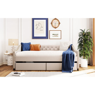 Beige Daybed With Two Drawers And Strong Wood Slat Structure - Make Your Bedroom More Inviting Full Size Drawers, Fabric Upholstery & Robust Back Enhance Home's Comfort